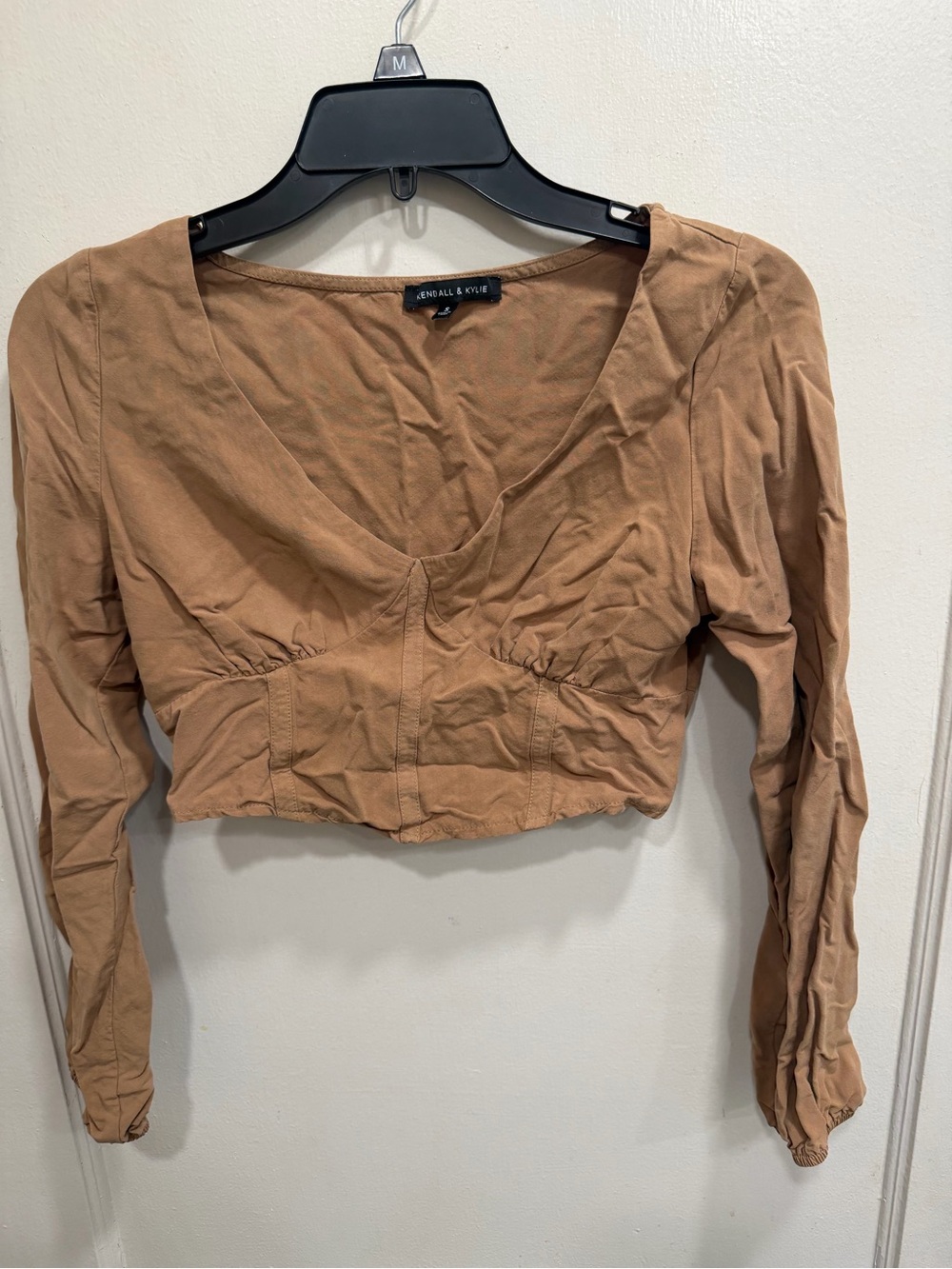 ❤️💜 5 for $20! Kendall & Kylie Tan Brown Cropped V-Neck Long Sleeve Top